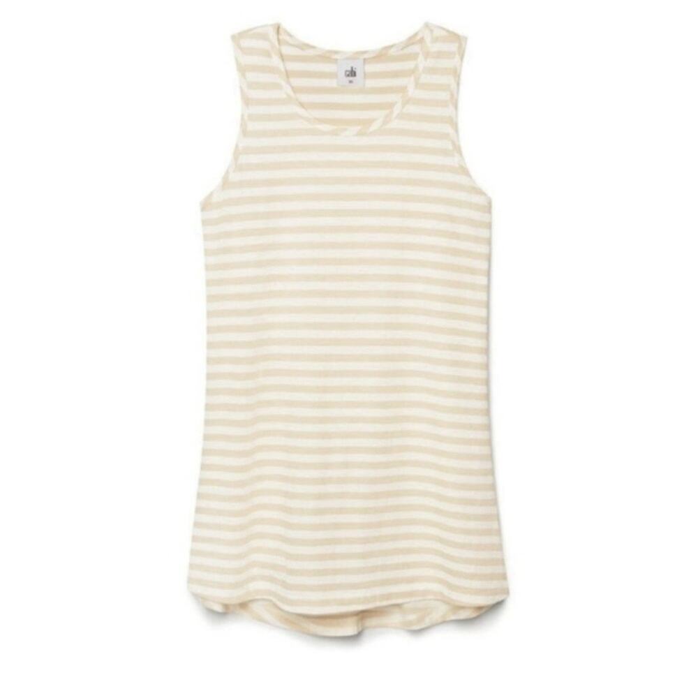 Cabi Comeback Tank Biscotti Tan White Stripe Sleeveless Top Large NWT